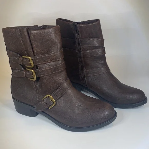 A.n.a brown ankle bootie faux leather Strappy buckle 7.5 zip up fall boots 7 1/2 - Picture 2 of 11